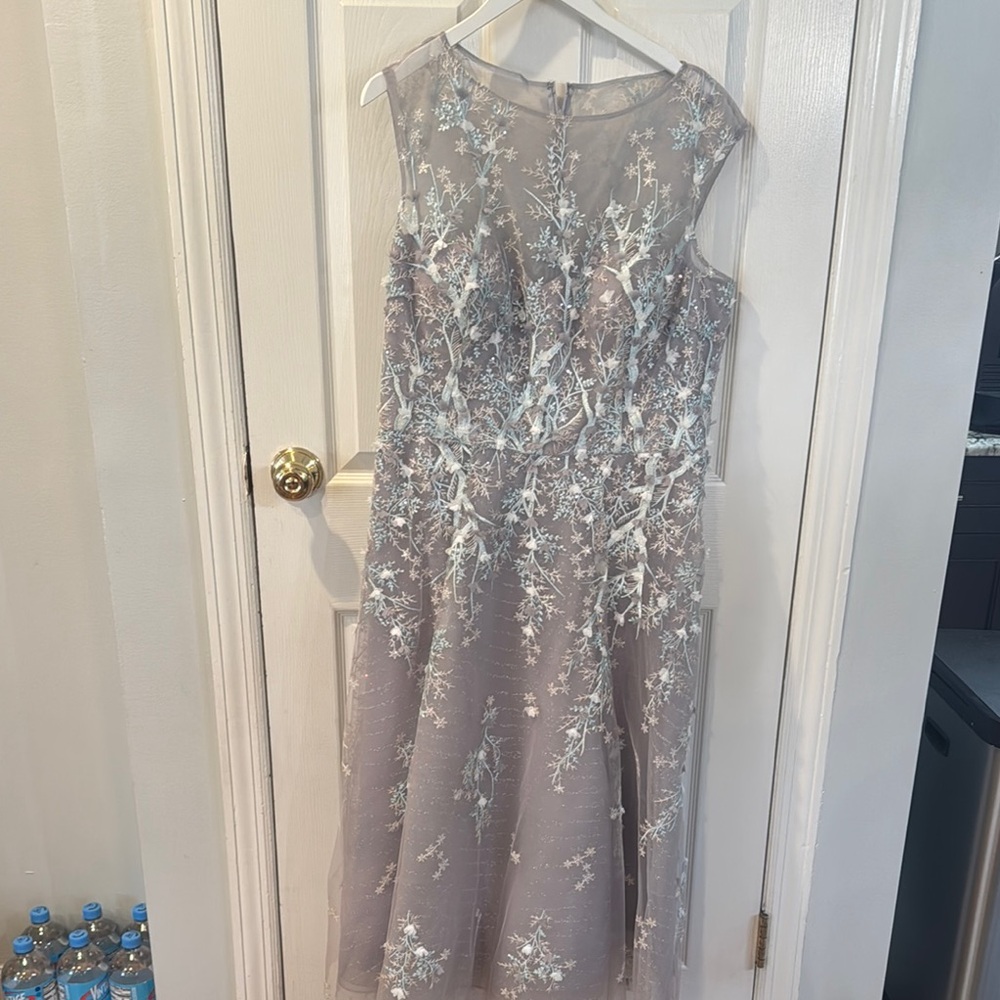 Rickie Freeman for Teri Jon Taupe Dress with White Floral Embroidery
